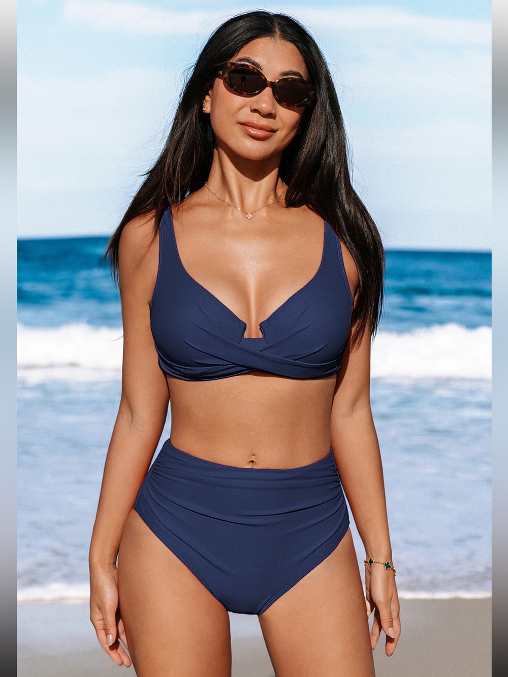 NWT CupShe Navy Twist-Front Bikini Top and High-Waist Swimsuit set - size L